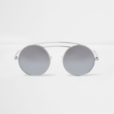 Silver tone double brow bar round sunglasses